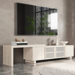 "Distressed White Retracted & Extendable TV Stand with 4 Shelves Up to 85"" Modern TV Unit" - thumbnail 1