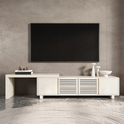 "Distressed White Retracted & Extendable TV Stand with 4 Shelves Up to 85"" Modern TV Unit" - thumbnail 2