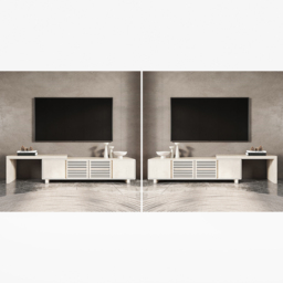 "Distressed White Retracted & Extendable TV Stand with 4 Shelves Up to 85"" Modern TV Unit" - thumbnail 7