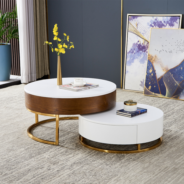Round 2-Piece Nesting Set Lift-Top Coffee Table and Wooden Coffee Table with 2 Drawers - image 1