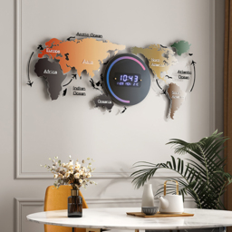 Modern Large Multifunctional World Map Wall Clock Decor With LED Digital Display Screen - thumbnail 5