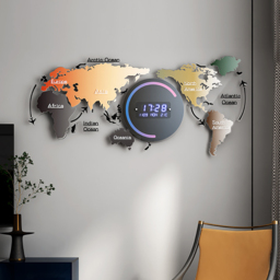 Modern Large Multifunctional World Map Wall Clock Decor With LED Digital Display Screen - thumbnail 2