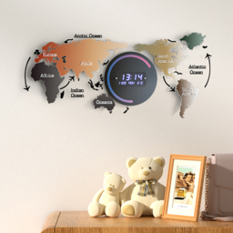 Modern Large Multifunctional World Map Wall Clock Decor With LED Digital Display Screen - thumbnail 3