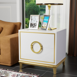 White Modern Bedroom Bedside Table with 2 Drawers in Gold Legs
