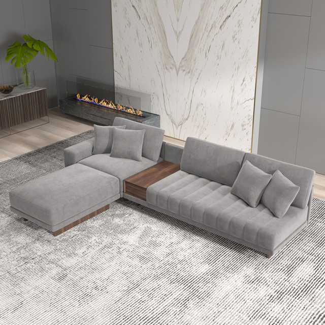 320 cm Velvet L-Shaped Grey Modular Sectional Sofa with Storage Side Table and Ottoman - image 1