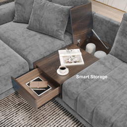 320 cm Velvet L-Shaped Grey Modular Sectional Sofa with Storage Side Table and Ottoman - thumbnail 6