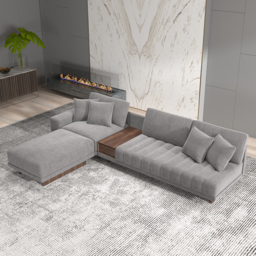 320 cm Velvet L-Shaped Grey Modular Sectional Sofa with Storage Side Table and Ottoman