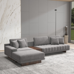 320 cm Velvet L-Shaped Grey Modular Sectional Sofa with Storage Side Table and Ottoman - thumbnail 3
