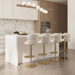 Bar Stool Velvet Upholstery Swivel Beige with Backrest Adjustable Height in Gold Finish Counter Stool - thumbnail 2