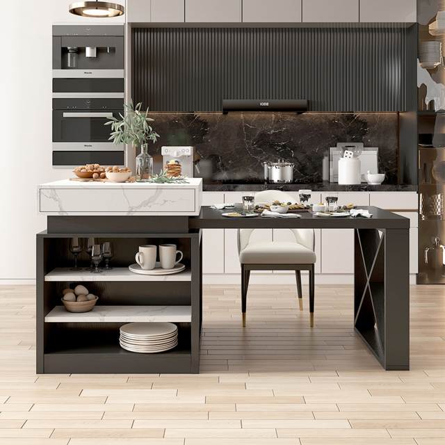 1850mm-2350mm Extendable White&Black Kitchen Island & 6 Modern Gray Dining Chairs Set - image 1