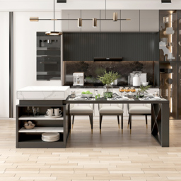 1850mm-2350mm Extendable White&Black Kitchen Island & 6 Modern Gray Dining Chairs Set - thumbnail 2