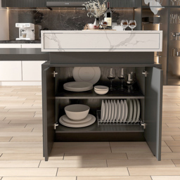 1850mm-2350mm Extendable White&Black Kitchen Island & 6 Modern Gray Dining Chairs Set - thumbnail 5