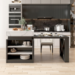 1850mm-2350mm Extendable White&Black Kitchen Island & 6 Modern Gray Dining Chairs Set