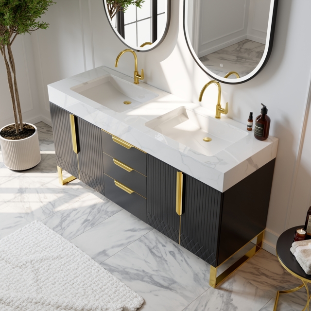Aro 1500mm Black Double Basin Freestanding Bathroom Vanity Drawers Faux Marble Top - image 1