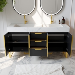 Aro 1500mm Black Double Basin Freestanding Bathroom Vanity Drawers Faux Marble Top - thumbnail 4