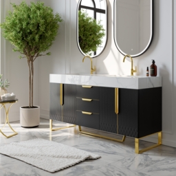 Aro 1500mm Black Double Basin Freestanding Bathroom Vanity Drawers Faux Marble Top - thumbnail 2