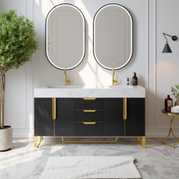 Aro 1500mm Black Double Basin Freestanding Bathroom Vanity Drawers Faux Marble Top - thumbnail 3
