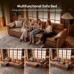 320cm 3-Seater Genuine Leather Power Convertible Sleeper Sofa with Adjustable Headrest - thumbnail 9