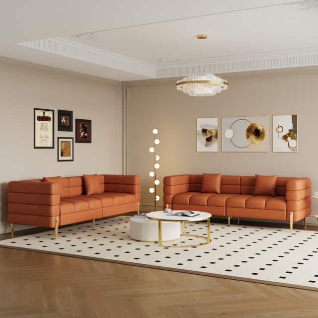200 cm Modern Performance Leather Upholstered Fluted 3 Seater Sofa for Living Room with Pillow Set of 2 - image 1