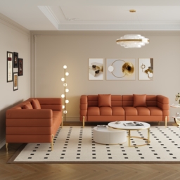 200 cm Modern Performance Leather Upholstered Fluted 3 Seater Sofa for Living Room with Pillow Set of 2 - thumbnail 2