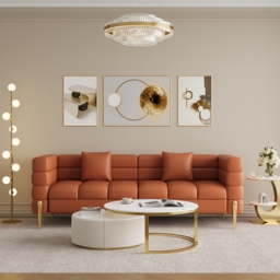 200 cm Modern Performance Leather Upholstered Fluted 3 Seater Sofa for Living Room with Pillow Set of 2 - thumbnail 6