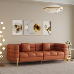 200 cm Modern Performance Leather Upholstered Fluted 3 Seater Sofa for Living Room with Pillow Set of 2 - thumbnail 4