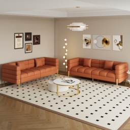 200 cm Modern Performance Leather Upholstered Fluted 3 Seater Sofa for Living Room with Pillow Set of 2 - thumbnail 3