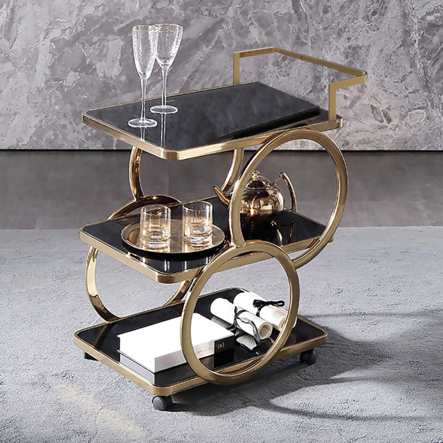 Rolling 3-Tier on Wheel Bar Cart with Handle in Black & Brushed Gold Style A - image 1