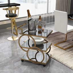 Rolling 3-Tier on Wheel Bar Cart with Handle in Black & Brushed Gold Style A - thumbnail 5