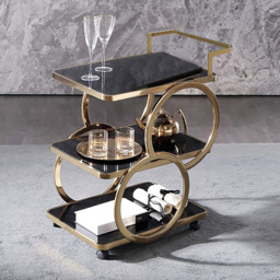 Rolling 3-Tier on Wheel Bar Cart with Handle in Black & Brushed Gold Style A