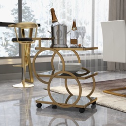 Rolling 3-Tier on Wheel Bar Cart with Handle in Black & Brushed Gold Style A - thumbnail 4