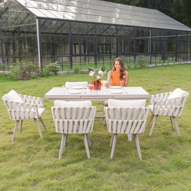7 Pieces Aluminum Outdoor Dining Set with Extendable Marble Top Table and Woven Armchair - image 1