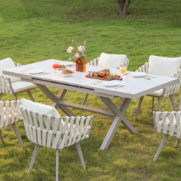 7 Pieces Aluminum Outdoor Dining Set with Extendable Marble Top Table and Woven Armchair - thumbnail 2