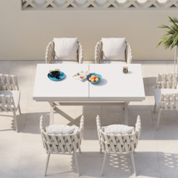 7 Pieces Aluminum Outdoor Dining Set with Extendable Marble Top Table and Woven Armchair - thumbnail 5