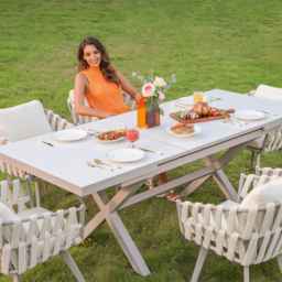 7 Pieces Aluminum Outdoor Dining Set with Extendable Marble Top Table and Woven Armchair - thumbnail 4