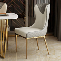 Modern Wingback Dining Chair Gray PU Leather Upholstered Side Chair Set of 2 Gold Legs - thumbnail 1