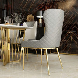 Modern Wingback Dining Chair Gray PU Leather Upholstered Side Chair Set of 2 Gold Legs - thumbnail 6