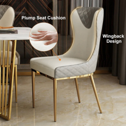Modern Wingback Dining Chair Gray PU Leather Upholstered Side Chair Set of 2 Gold Legs - thumbnail 8