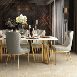 Modern Wingback Dining Chair Gray PU Leather Upholstered Side Chair Set of 2 Gold Legs - thumbnail 2