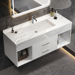 "35"" Floating Bathroom Vanity with Sintered Stone Vessel Sink with 2 Drawers in White" - thumbnail 1