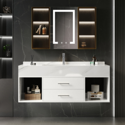 "35"" Floating Bathroom Vanity with Sintered Stone Vessel Sink with 2 Drawers in White" - thumbnail 3