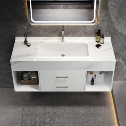 "35"" Floating Bathroom Vanity with Sintered Stone Vessel Sink with 2 Drawers in White" - thumbnail 2