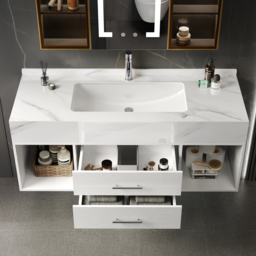 "35"" Floating Bathroom Vanity with Sintered Stone Vessel Sink with 2 Drawers in White" - thumbnail 4