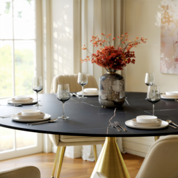 152cm Round Matte Sintered Stone Dining Table with Gold Metal Pedestal Base, Seats 6 - thumbnail 9