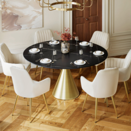152cm Round Matte Sintered Stone Dining Table with Gold Metal Pedestal Base, Seats 6 - thumbnail 2