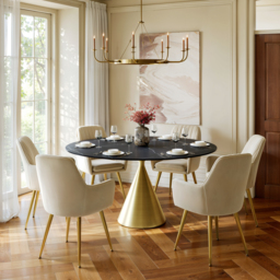 152cm Round Matte Sintered Stone Dining Table with Gold Metal Pedestal Base, Seats 6 - thumbnail 3