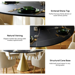 152cm Round Matte Sintered Stone Dining Table with Gold Metal Pedestal Base, Seats 6 - thumbnail 5