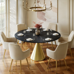 152 cm Round Matte Sintered Stone Dining Table with Gold Metal Pedestal Base, Seats 6