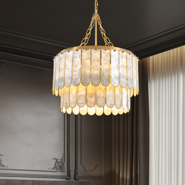 Coastal 5-Light Capiz Shell 2 Tiered Faceted Chandelier Pendant Light in Gold & White - image 1