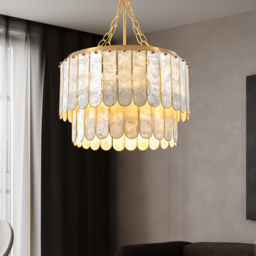 Coastal 5-Light Capiz Shell 2 Tiered Faceted Chandelier Pendant Light in Gold & White - thumbnail 3
